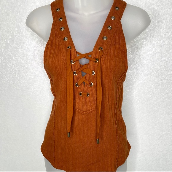 Free People Tops - FREE PEOPLE Rust Orange Ribbed Halter Top Rivets